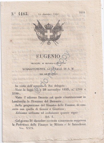 Regio Decreto 1860 Eugenio Prefettura Finanze Milano e Intendenze Lombardia …