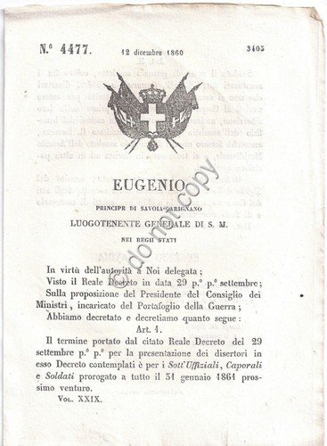 Regio Decreto 1860 Eugenio Presentazione dei disertori n. 4477