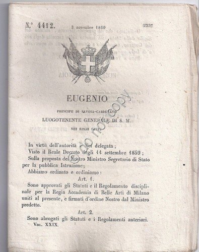 Regio Decreto 1860 Eugenio Regia Accademia Belle Arti di Milano … | Immagine principale