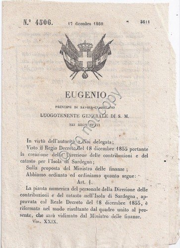Regio Decreto 1860 Eugenio Riforma pianta numerica Isola di Sardegna …