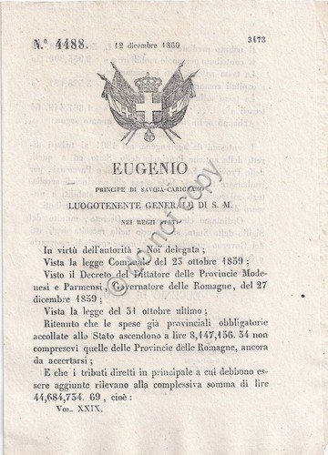 Regio Decreto 1860 Eugenio Spese Provinciali Modena Parma n.4488 | Immagine principale