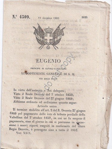 Regio Decreto 1860 Eugenio Tributo prediale della Valtellina n.4509 | Immagine principale