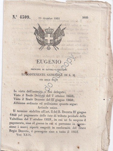 Regio Decreto 1860 Eugenio Tributo prediale della Valtellina n.4509