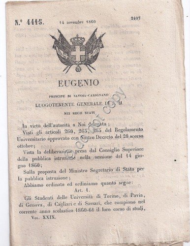 Regio Decreto 1860 Eugenio Università Torino Pavia Genova Cagliari Sassari … | Immagine principale