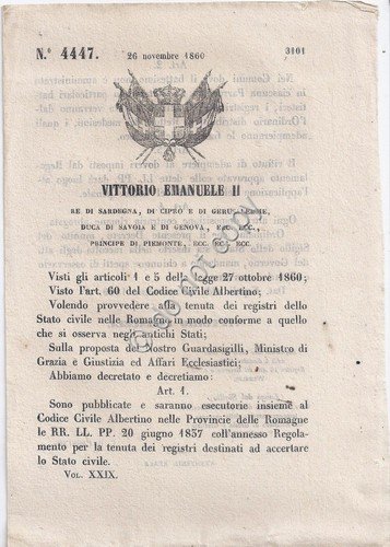 Regio Decreto 1860 VE II Accertamento Stato Civile Albertino in … | Immagine principale