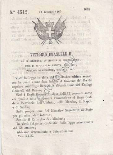 Regio Decreto 1860 VE II circoscrizione collegi elettorali Umbria Marche … | Immagine principale