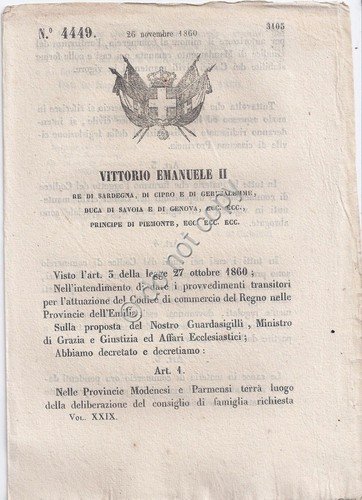 Regio Decreto 1860 VE II Codice di commercio Provincie Emilia … | Immagine principale