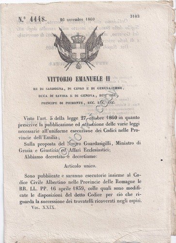 Regio Decreto 1860 VM II successione dei trovatelli ricoverati 4448 | Immagine principale