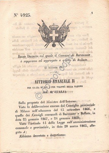 Regio Decreto 1869 - Comune di Baranzate soppresso e aggregato … | Immagine principale