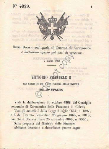 Regio Decreto 1869 - Comune di Caramanico aperto pei dazi … | Immagine principale