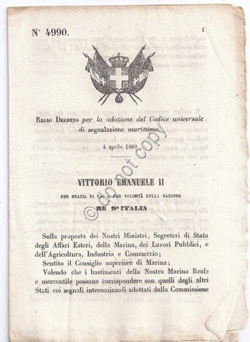 Regio Decreto 1869 Adozione codice universale segnalazione marittima 4990 | Immagine principale