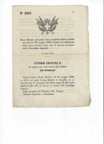 Regio Decreto 1869 Ancona merci esistenti al cessare di franchigia …