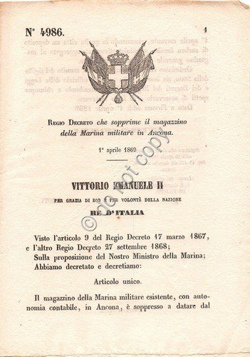 Regio Decreto 1869 Ancona soppressione Magazzino Marina Militare 4986 | Immagine principale