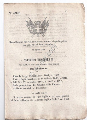 Regio Decreto 1869 biglietto Giuochi del lotto pubblico 4996