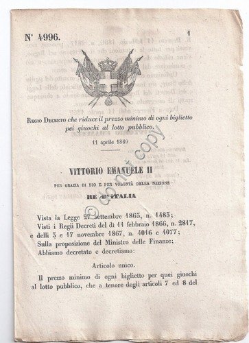 Regio Decreto 1869 biglietto Giuochi del lotto pubblico 4996