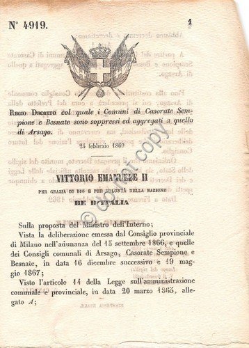Regio Decreto 1869 Casorate Sempione e Besnate aggregato a Arsago … | Immagine principale