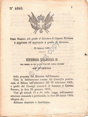 Regio Decreto 1869 Cassina Ferrara aggregato a Saronno 4949 | Immagine principale