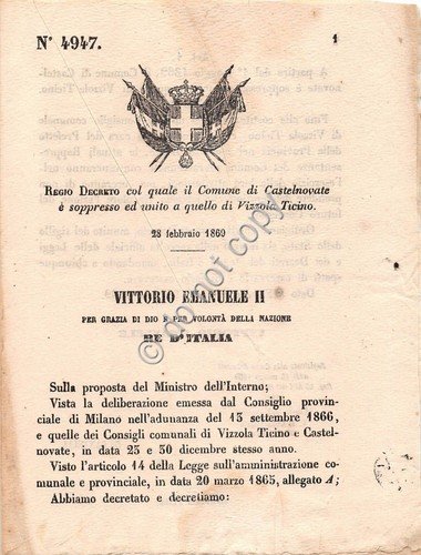 Regio Decreto 1869 Castelnovate aggregato a Vizzola Ticino 4947 | Immagine principale