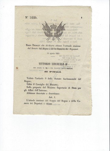 Regio Decreto 1869 Chiusura sessione Senato e Camera Deputati 5224