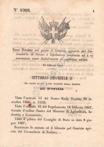 Regio Decreto 1869 Comizio agrario di Fermo Stabilimento pubblica utilità …