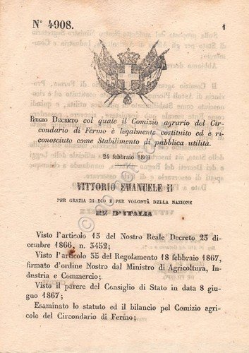Regio Decreto 1869 Comizio agrario di Fermo Stabilimento pubblica utilità …