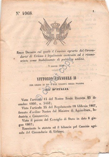Regio Decreto 1869 Comizio agrario Urbino riconosciuto pubblica util. 4968 | Immagine principale