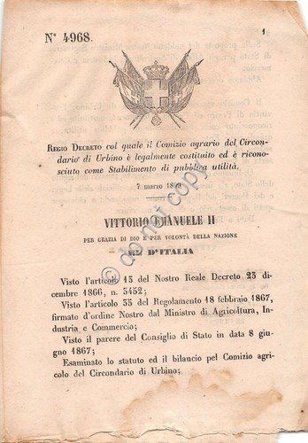Regio Decreto 1869 Comizio agrario Urbino riconosciuto pubblica util. 4968