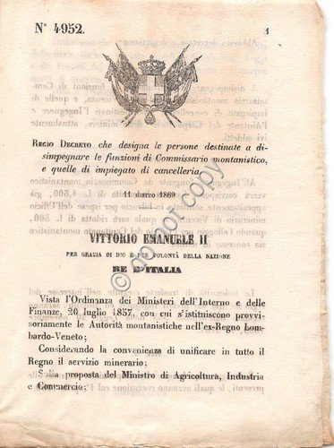Regio Decreto 1869 Commissario montanistico e impiegato di cancelleria 4952 | Immagine principale
