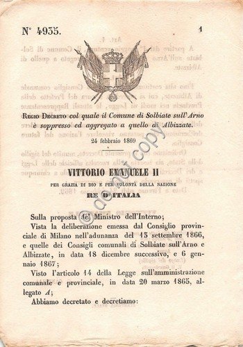 Regio Decreto 1869 Comune di Solbiate Arno soppresso aggregato Albizzate … | Immagine principale