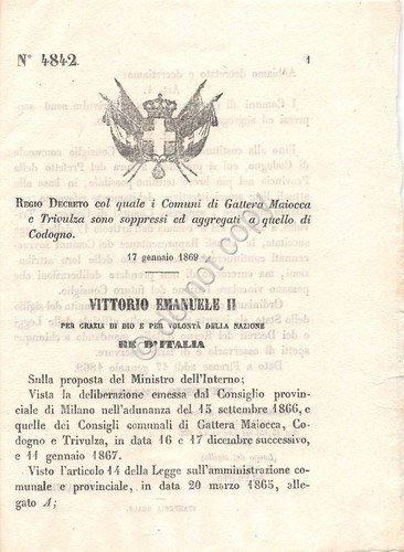 Regio Decreto 1869 Comuni di Gattera Maiocca Trivulza con Codogno …