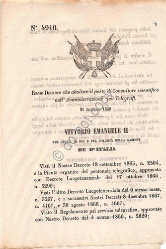 Regio Decreto 1869 Consultore scientifico Amministrazione Telegrafi 4911 | Immagine principale