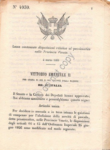 Regio Decreto 1869 Disposizioni pensionatico Provincie Venete storia Regno 4939 | Immagine principale