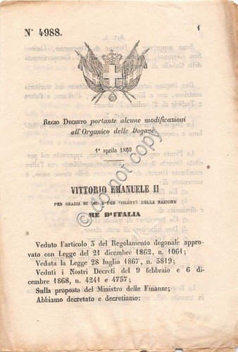 Regio Decreto 1869 Dogane Modificazioni all'Organico 4988 | Immagine principale