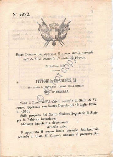 Regio Decreto 1869 Firenze Ruolo normale dell'Archivio di Stato 4972
