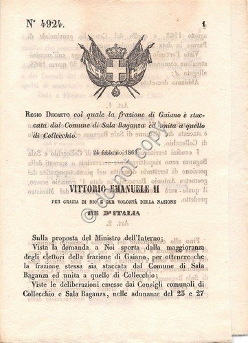 Regio Decreto 1869 Fraz Gaiano staccata da Sala Baganza unita … | Immagine principale