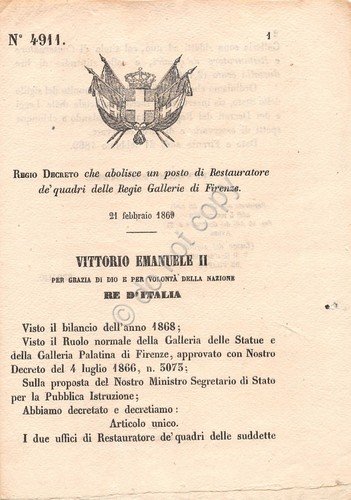 Regio Decreto 1869 Gallerie di Firenze Restauratore dei quadri 4911