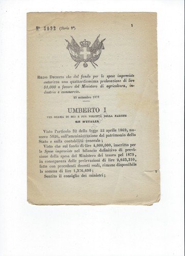 Regio Decreto 1869 Ministero Agricoltura Industria Commercio prelevazione 5092 | Immagine principale