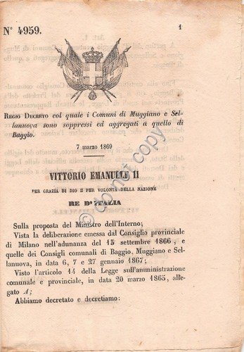 Regio Decreto 1869 Muggiano e Sellannova aggregati a Baggio 4959 | Immagine principale