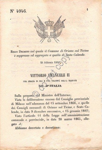 Regio Decreto 1869 Oriano sul Ticino aggregato a Sesto Calende … | Immagine principale