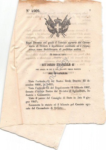 Regio Decreto 1869 Orvieto Stabilimento di Pubblica utilità 4909 | Immagine principale