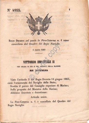 Regio Decreto 1869 Piro Cisterna n.1 cancellata Quadro del Regio … | Immagine principale