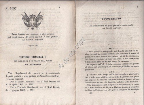 Regio Decreto 1869 Regolamento conferimento posti gratuiti nei Convitti naz … | Immagine principale