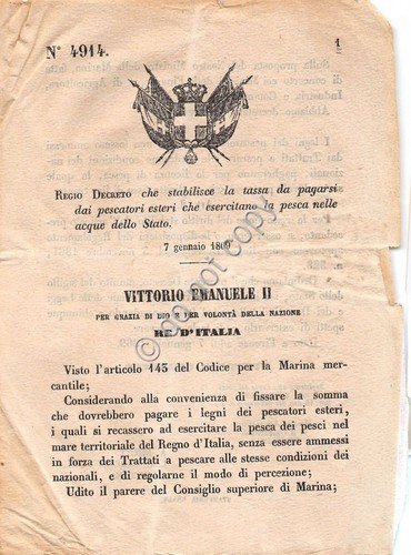 Regio Decreto 1869 Tassa per pescatori esteri per pesca nelle … | Immagine principale