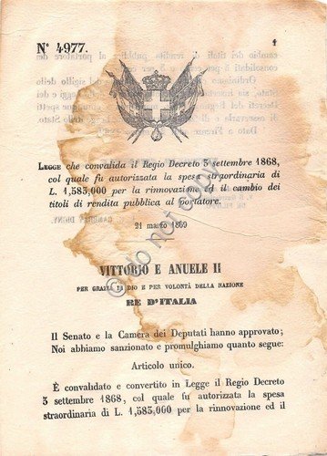 Regio Decreto 1869 Titoli di rendita pubblica rinnovazione 4977