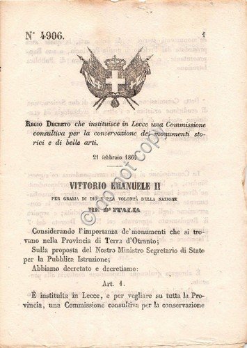 Regio Decreto 1869 VM II Lecce Commissione Consultiva monumenti belle … | Immagine principale