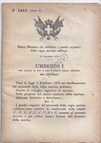 Regio Decreto 1878 - Umberto Regia Marina Militare quadri organici …