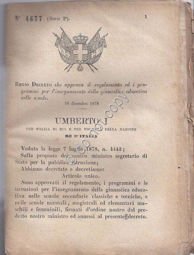 Regio Decreto 1878 -Umberto Ginnastica educativa nelle scuole 4677