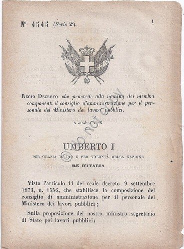Regio Decreto 1878 -Umberto I Composizione consiglio ammin lavori pubblici … | Immagine principale