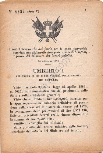Regio Decreto 1878 Ministero Lavori Pubblici Prelevazione 4532 | Immagine principale