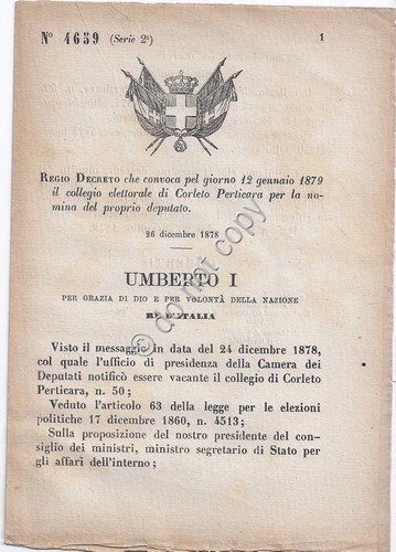 Regio Decreto 1878 Umberto I - Corleto Perticaria Nomina deputato … | Immagine principale